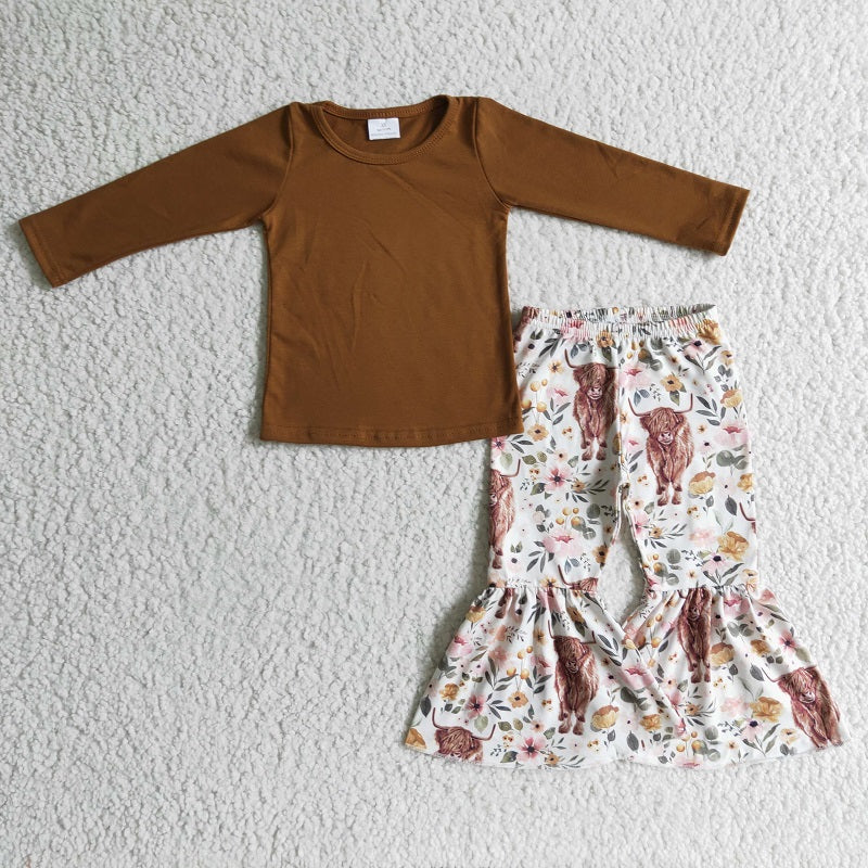 BLP0277 Girls Brown Long Sleeve Alpine Cow Trousers Suit