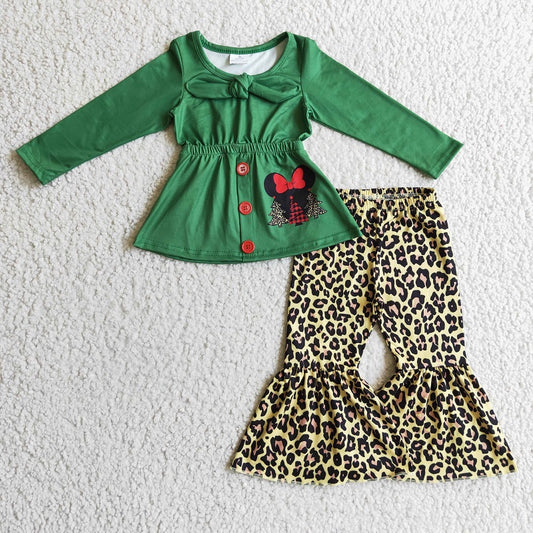 GLP0278 Girls Green Christmas Tree Long Sleeve Leopard Pants Set