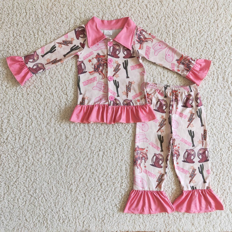 GLP0279 Girls Western Denim Pink Long Sleeve Pants Set