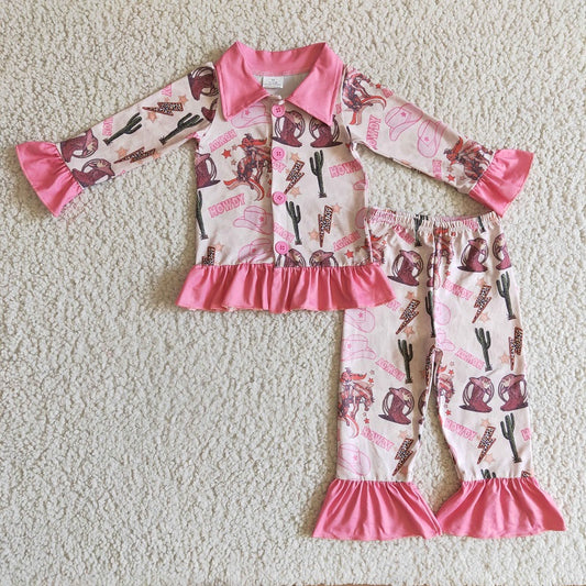 GLP0279 Girls Western Denim Pink Long Sleeve Pants Set
