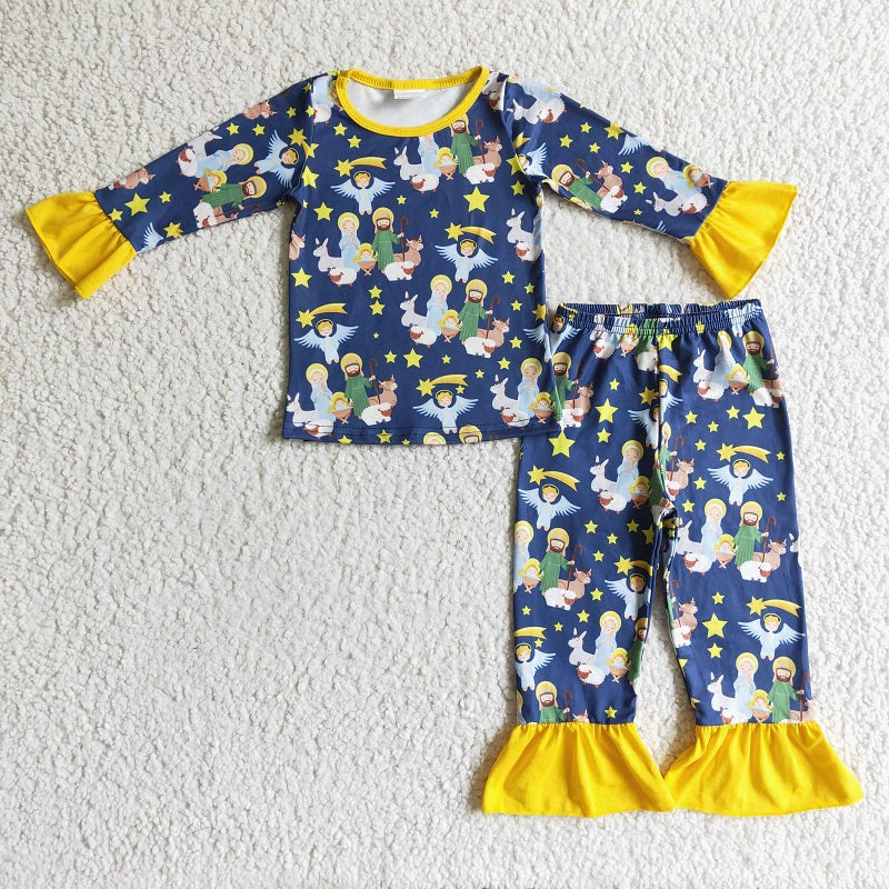 GLP0290 Girls Nativity Stars Long Sleeve Pants Set
