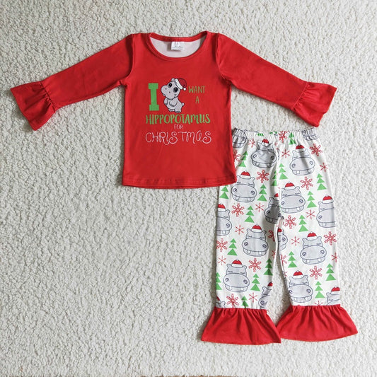 GLP0302 Girls Christmas Hippo Red Long Sleeve Pants Set
