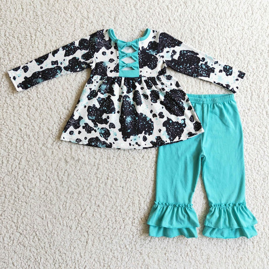 GLP0305 Girls' Cow Pattern Blue Lace Long Sleeve Trousers Suit