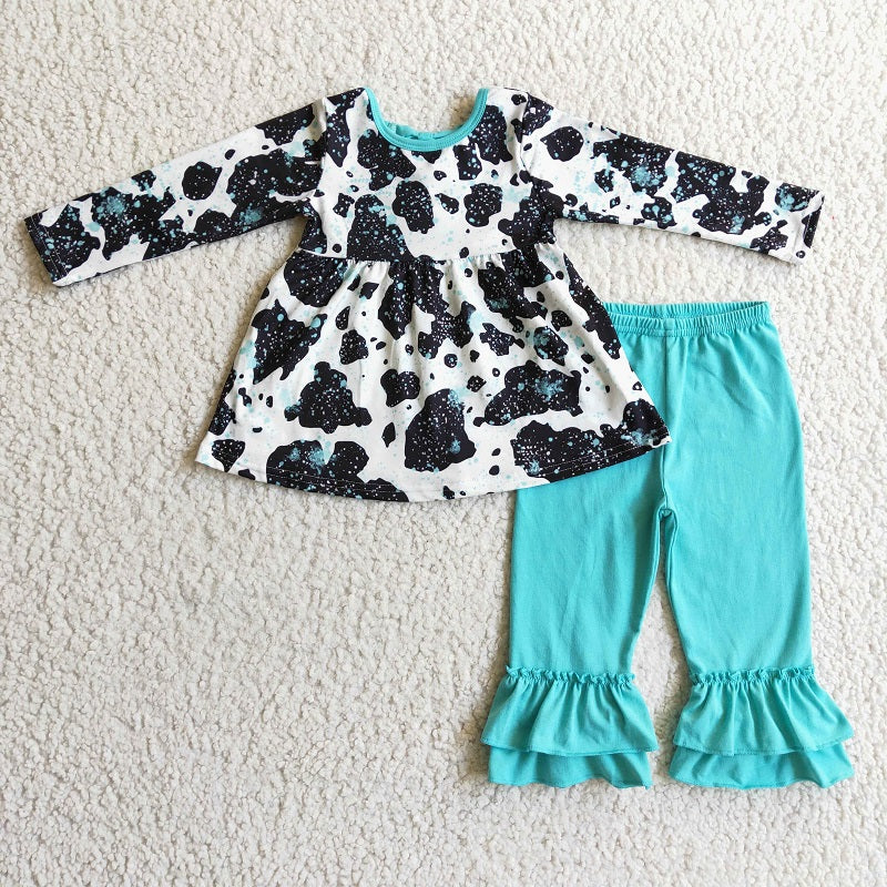 GLP0305 Girls' Cow Pattern Blue Lace Long Sleeve Trousers Suit