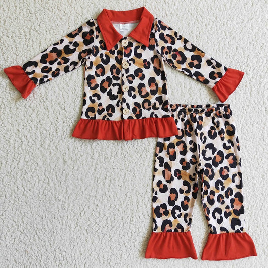 GLP0307 Girls' Orange Leopard Button Long Sleeve Trousers Suit