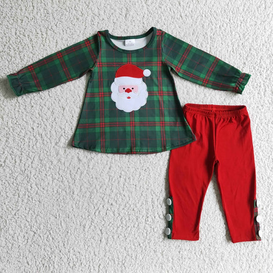 GLP0308 Girls Embroidered Santa Green Plaid Long Sleeve Trousers Suit