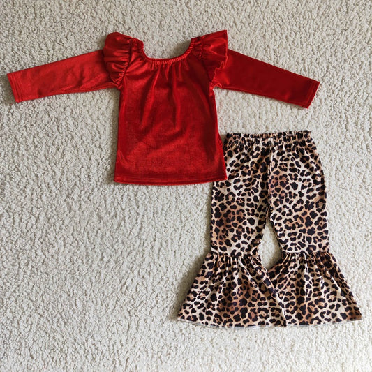 GLP0312 Girls' Rose Gold Velvet Long Sleeve Leopard Print Trousers Suit