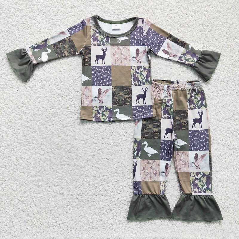 GLP0318 baby girl clothes green deer winter pajamas set