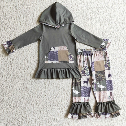 GLP0319 Girls Duck Fawn Green Plaid Hooded Pocket Long Sleeve Trousers Set