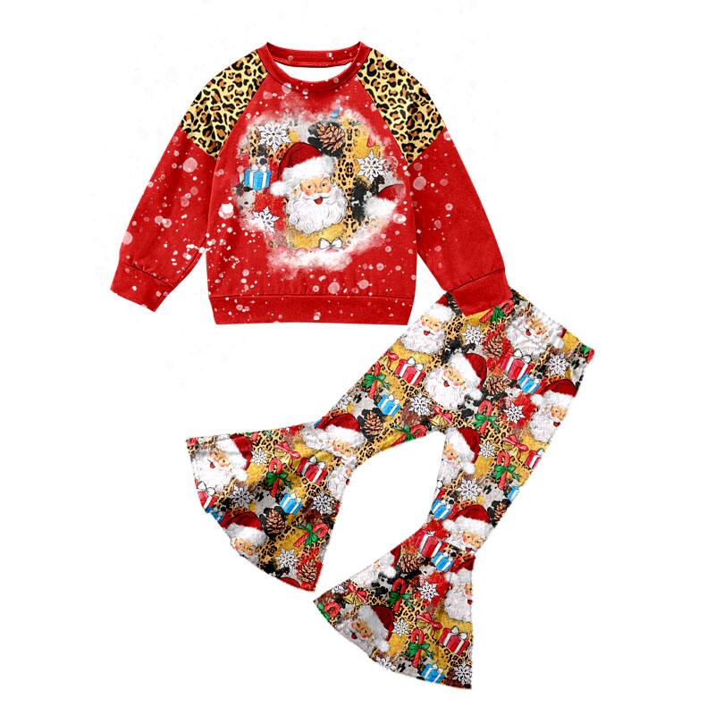 GLP0323 Girls Santa Red Leopard Long Sleeve Trousers Suit