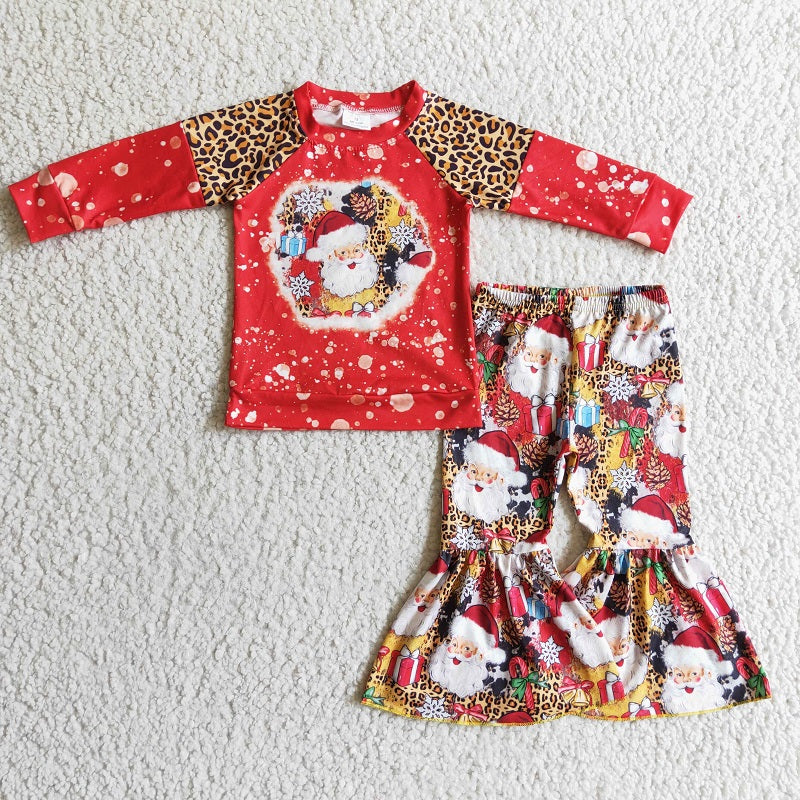 GLP0323 Girls Santa Red Leopard Long Sleeve Trousers Suit