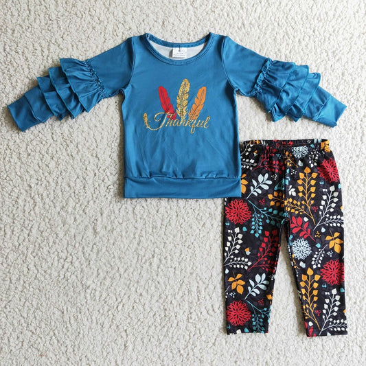 GLP0325 Girls Thankful Feather Blue Long Sleeve Pants Set