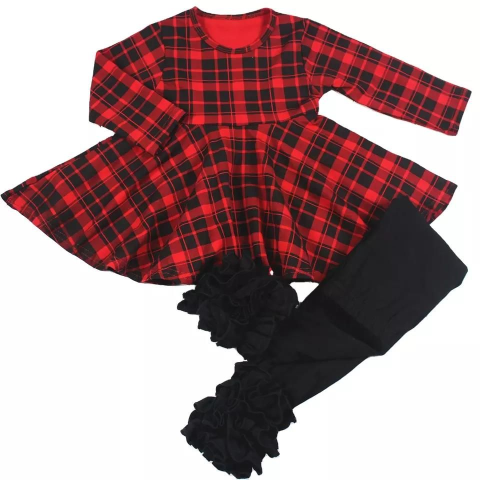 GLP0330 Girls Red and Black Plaid Long Sleeve Black Trousers Suit
