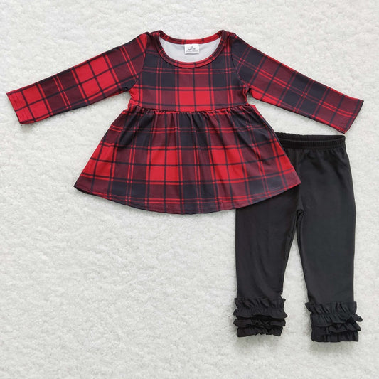 GLP0330 Girls Red and Black Plaid Long Sleeve Black Trousers Suit