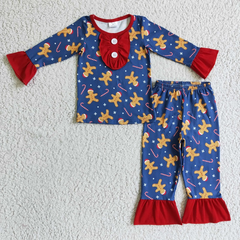 GLP0331 Girls Christmas Gingerbread Man Navy Blue Long Sleeve Trousers Suit