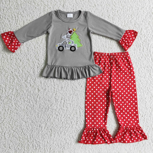 GLP0332 Girls Embroidered Santa Car Tree Grey Long Sleeve Suit