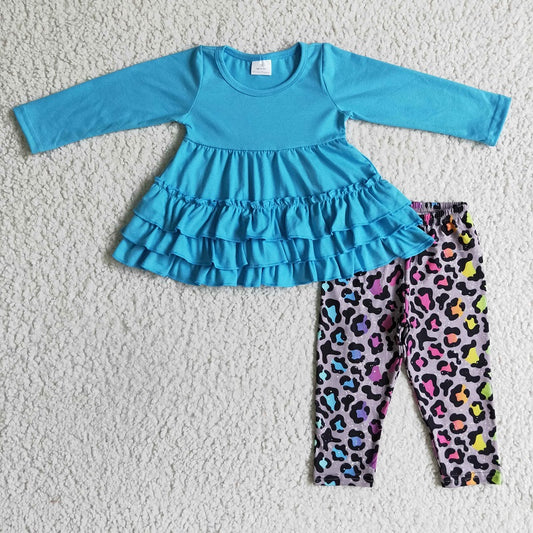 GLP0333 Girls Blue Long Sleeve Colorful Leopard Pants Set