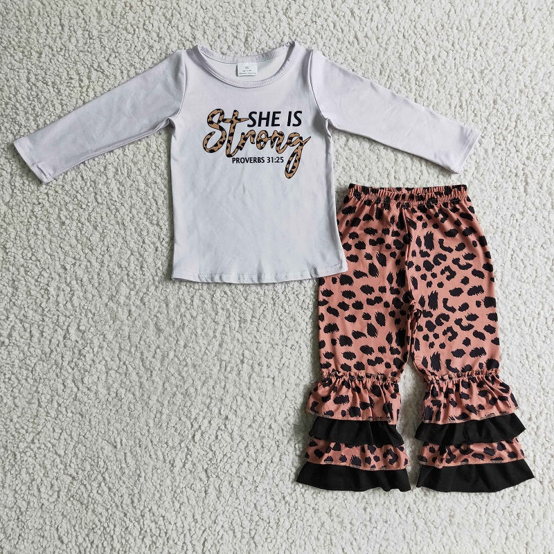 GLP0335 Girls Strong Grey Long Sleeve Leopard Print Trousers Suit