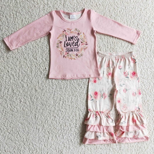 GLP0336 Girls Loved Pink Long Sleeve White Flower Trousers Suit