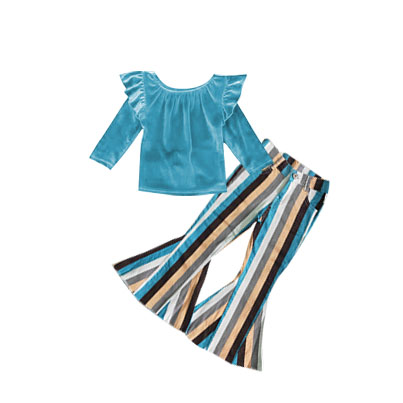 GLP0338 Girls Blue Gold Velvet Striped Trousers Suit GT0064+P0002