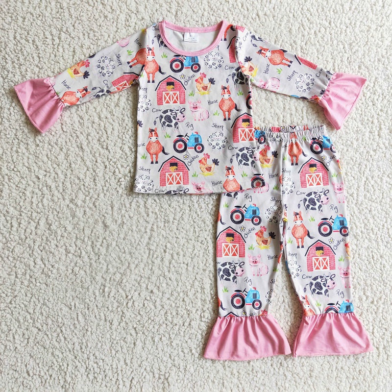 GLP0342 Girls Farm Cow Horse Pig Chicken Long Sleeve Pants Set