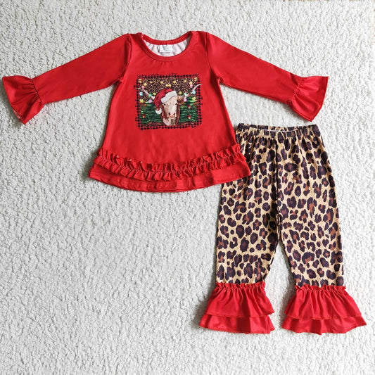 GLP0343 Girls Alpine Cow Red Long Sleeve Leopard Pants Suit