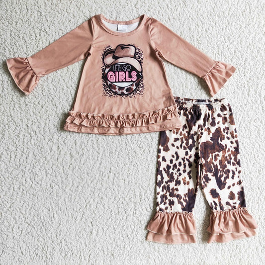 GLP0345 Girls Brown Long Sleeve Cow Trousers Suit