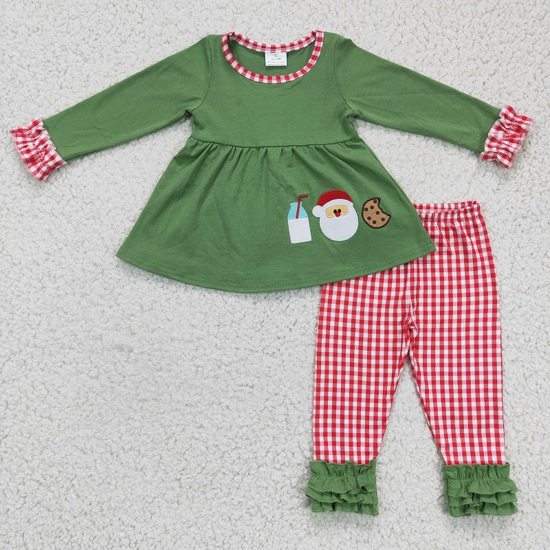 GLP0356 Girls Embroidered Santa Cookie Milk Green Long Sleeve Pants Set