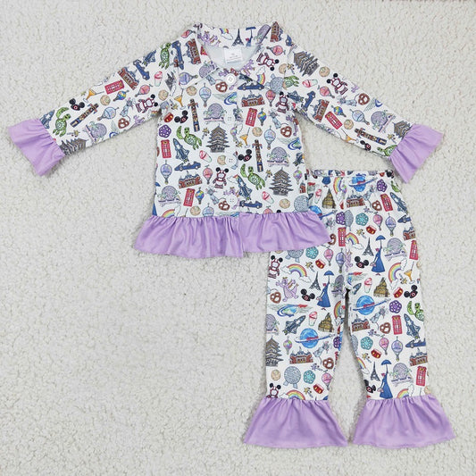 GLP0357 Girls Cartoon Purple Lace Long Sleeve Trousers Set