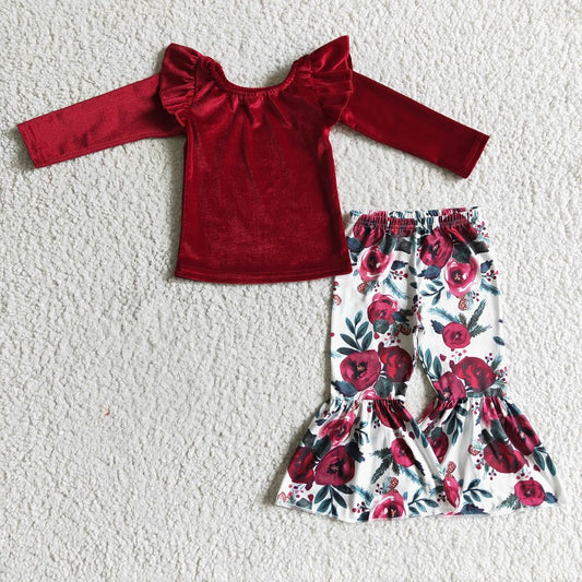 GLP0361 Girls Red Gold Velvet Flower Long Sleeve Trousers Suit