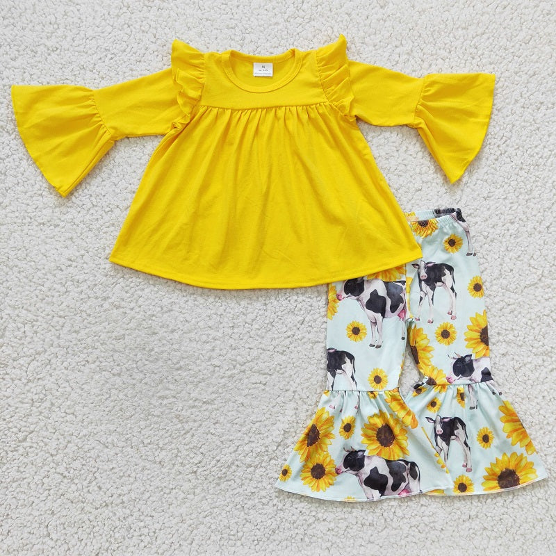 GLP0374 Baby Girls Cow Sunflower Yellow Long Sleeve Trouser Set