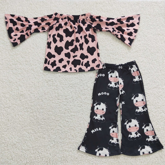 GLP0376 Baby Girls Pink Cow Pattern Long Sleeve Trousers Set