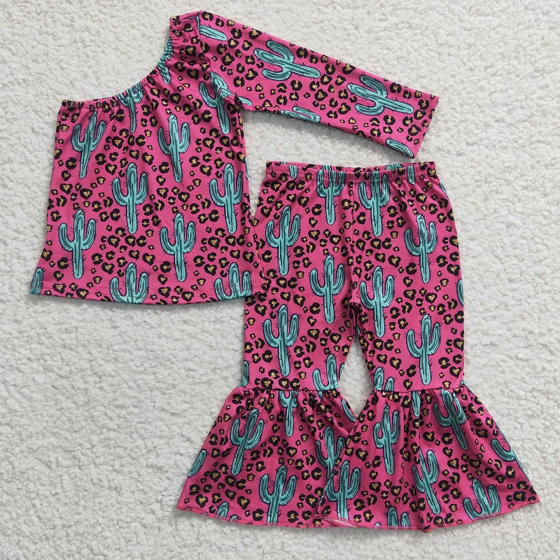 GLP0413 Baby Girls cactus rose red leopard print one-sided long-sleeved trousers suit