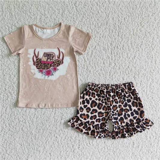 GSD0047 Light Coffee Hat Antler Flower Short Sleeve Leopard Lace Shorts Set