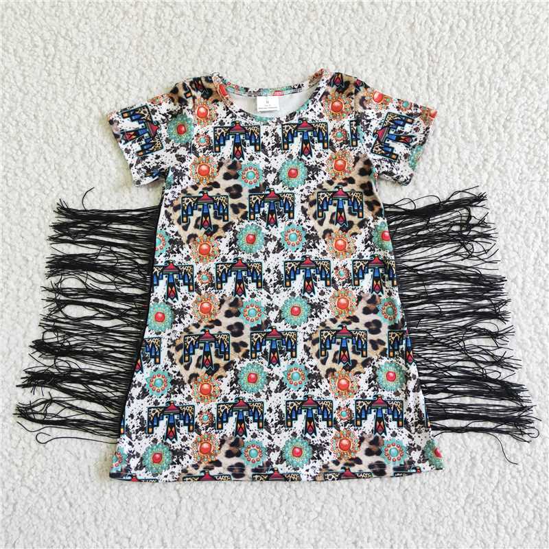 GSD0058 Girls Leopard Print Cow Print Sapphire Fringe Short Sleeve Dress