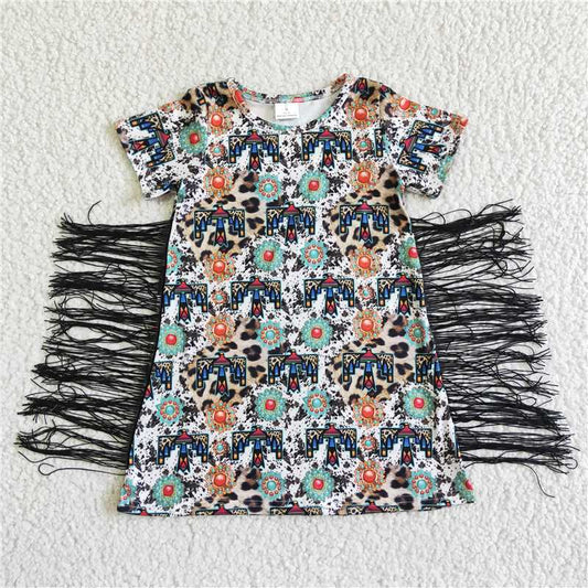 GSD0058 Girls Leopard Print Cow Print Sapphire Fringe Short Sleeve Dress