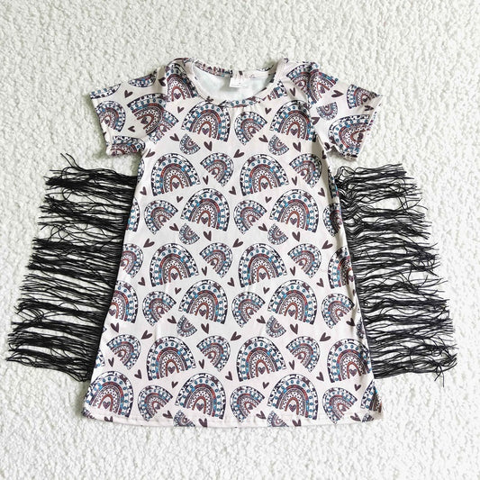 GSD0101 Leopard Print Rainbow Heart Fringe Short Sleeve Dress