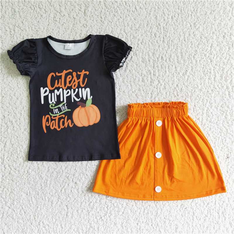 GSD0106 Autumn Pumpkin Black Fly Sleeve Orange Skirt Outfit