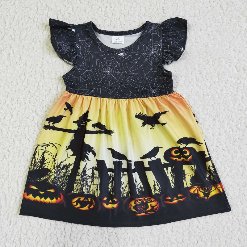 GSD0118 Halloween Pumpkin Spider Web Short Sleeve Dress