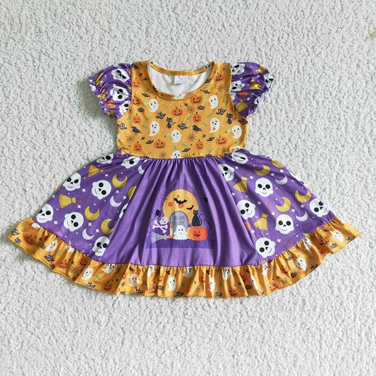 GSD0125 Halloween Pumpkin Ghost Purple Short Sleeve Dress