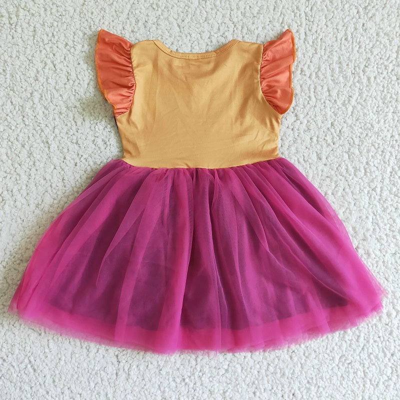 GSD0127 Rose red mesh orange flying sleeve dress