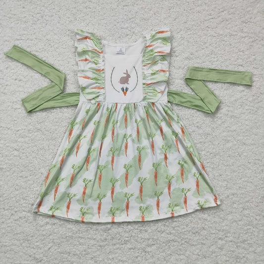 GSD0157 Girls Rabbit Carrot Green Flying Sleeve Lace-Up Dress