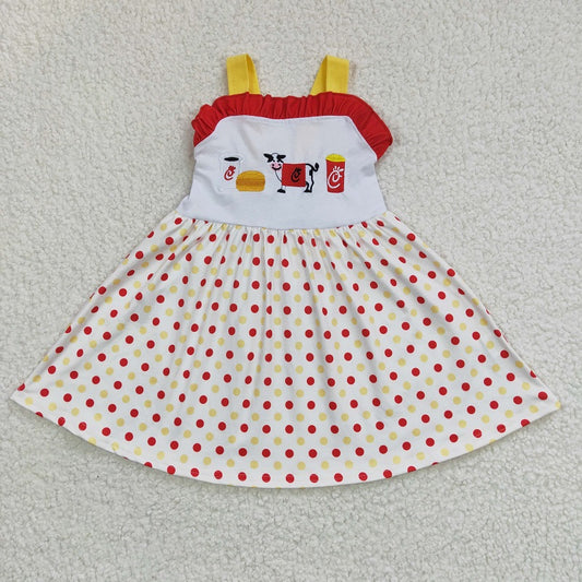 GSD0203 Girls Embroidered Cow Burger Tank Top Polka Dot Dress