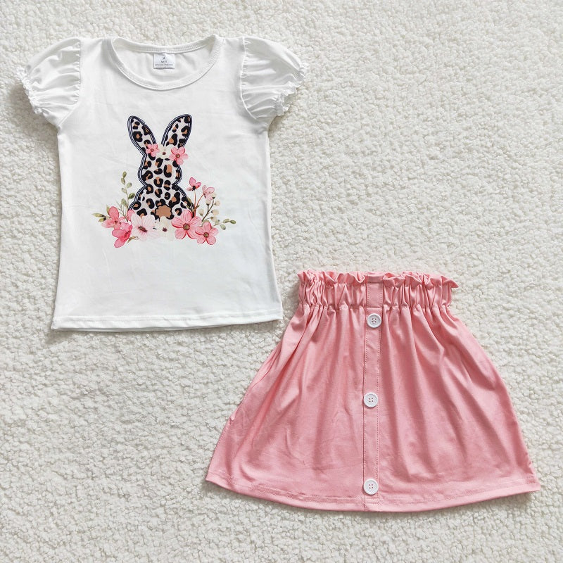 GSD0228 Girls Leopard Print Rabbit Flower Short Sleeve Pink Dress Set