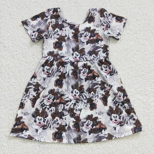 GSD0232 Girls Leopard Print Cartoon Short Sleeve Dress