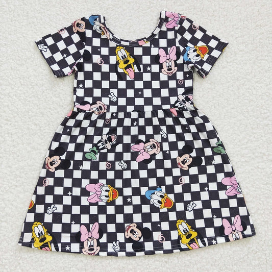 GSD0235 Baby Girls Cartoon Black Plaid Short Sleeve Dress