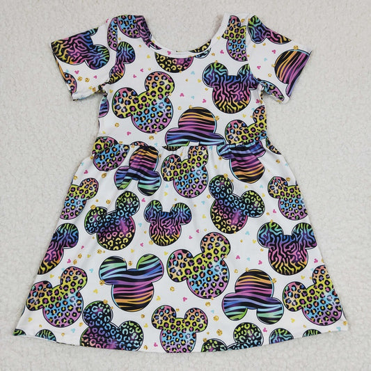 GSD0239 Girls Colorful Leopard Print Cartoon Short Sleeve Dress