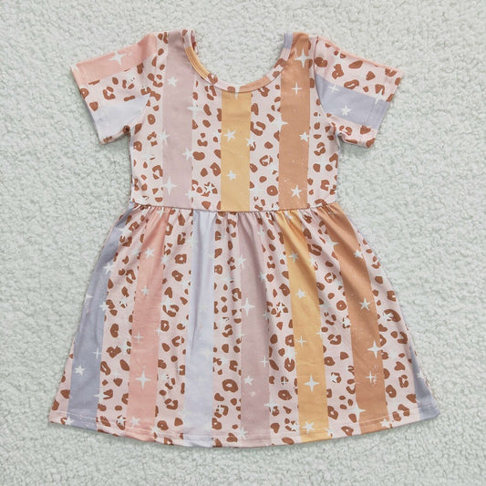 GSD0266 Baby Girls Color Stripe Star Leopard Print Short Sleeve Dress