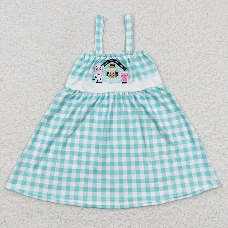 GSD0269 Baby Girls Embroidered Farm Cows Blue Vest Plaid Dress