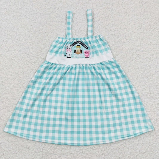GSD0269 Baby Girls Embroidered Farm Cows Blue Vest Plaid Dress 2025 3.8